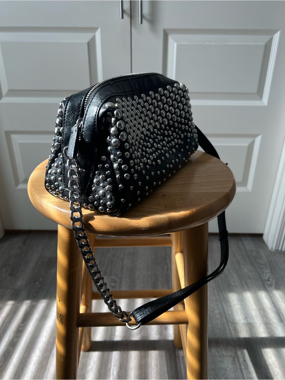 Zara Black Studded Leather Crossbody Bag with Silver Hardware